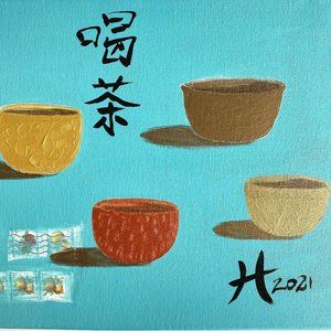 4 Cups (Drink Tea) - Original Wall Art Mixed Media Asian Fusion Painting 11"x14"